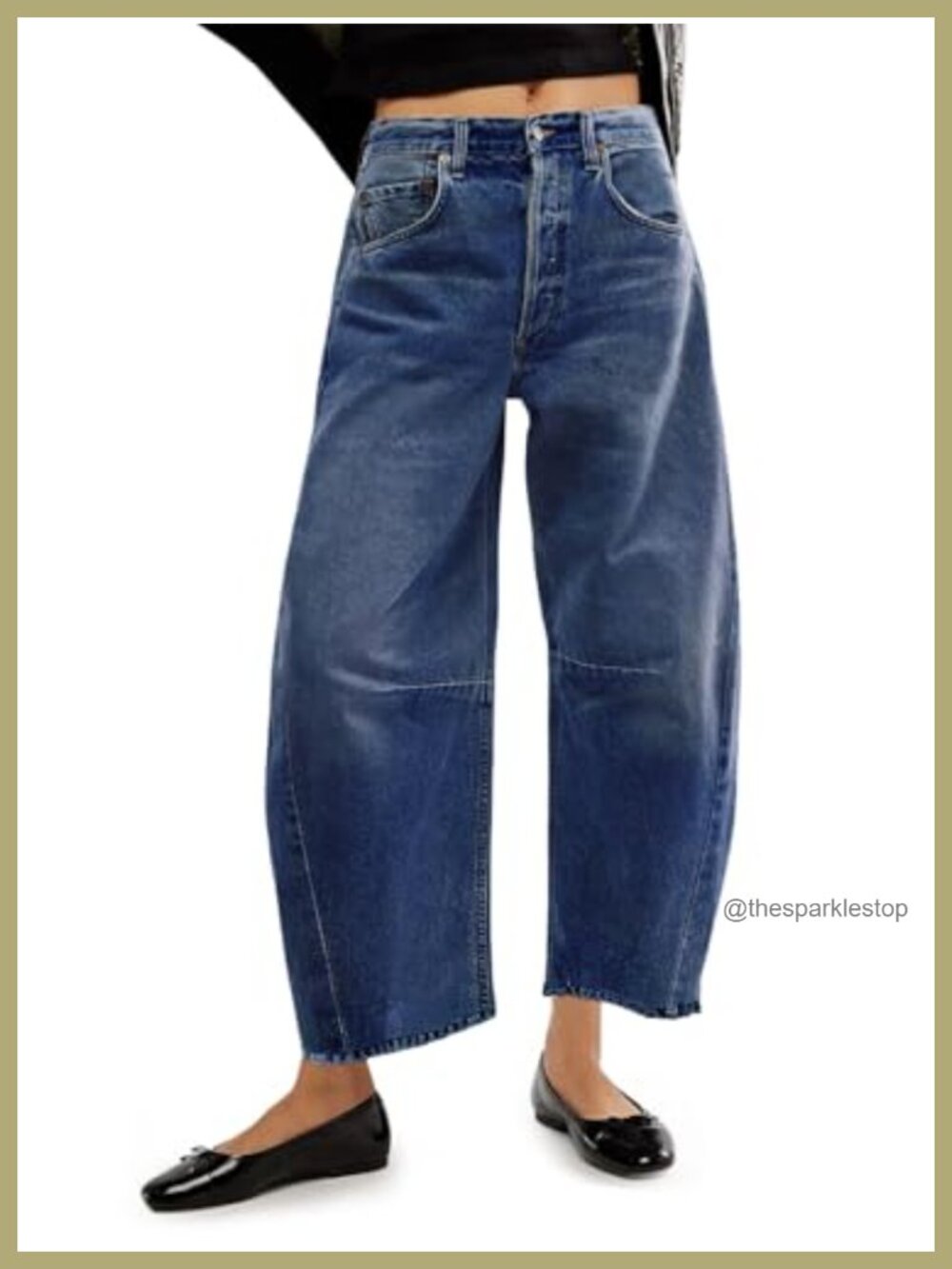 Barrel Horseshoe Baggy Jeans High Waisted Raw Hem Non Stretch Cropped Denim